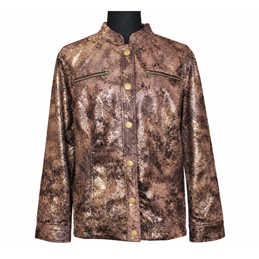 Chico's Metallic Snakeskin Print Mock Neck Jacket Women Size 2 Bronze Brown